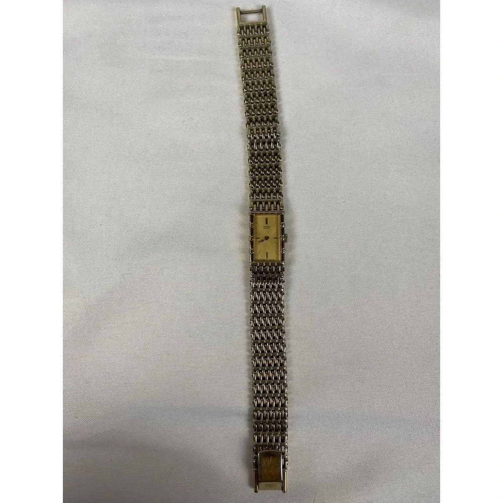 Vintage Seiko 2E20-1340 Womens Tank Watch Bamboo Link Gold Tone Untested Quartz